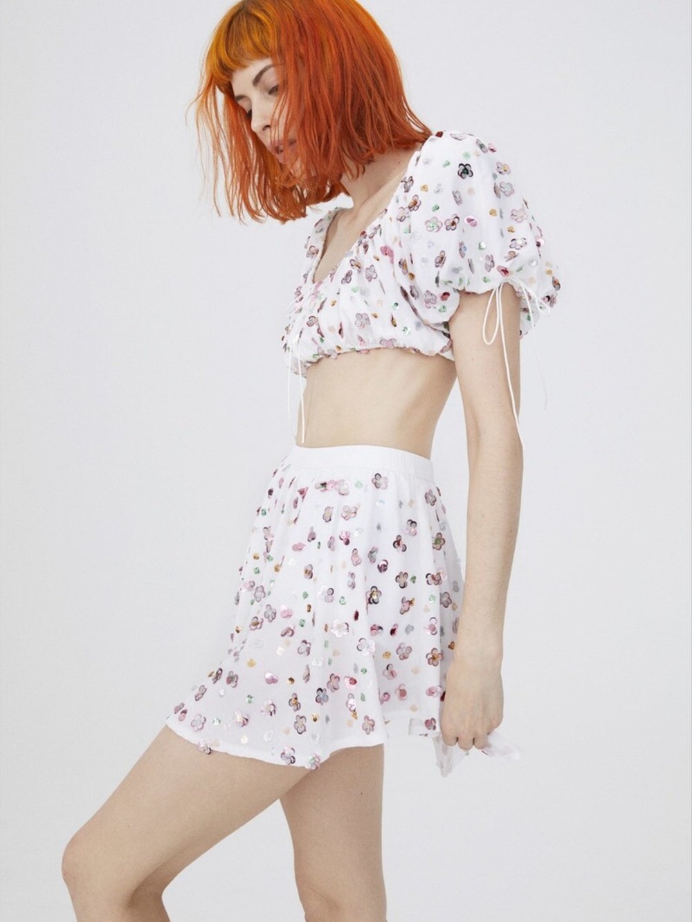 For Love And Lemons White Floral Sequin Two-Piece Skirt Set - Picture 3 of 4